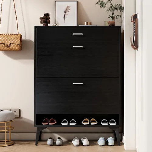 Vista 3 de Zapatero moderno con 2 cajones abatibles, organizador multifuncional de almacenamiento de zapatos de 3 niveles con cajones, zapatero independiente