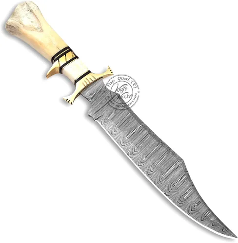 Vista 6 de Cuchillo de caza Bowie de acero de Damasco hecho a mano, cuchillo de supervivencia y caza de hoja fija, camping, bushcraft, regalo para hombres
