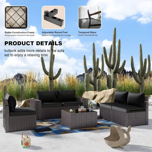 Vista 4 de Kullavik - Juego de muebles para exterior de 6 piezas con sofá modular de ratán de polietileno, color negro