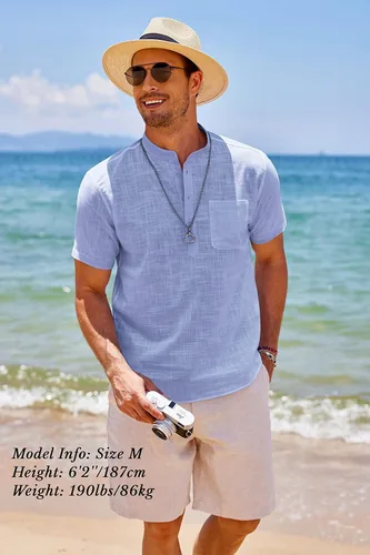 Vista 3 de COOFANDY - Camisetas henley de algodón y lino para hombre, manga larga, con bolsillo, de estilo hippie, informal, para la playa
