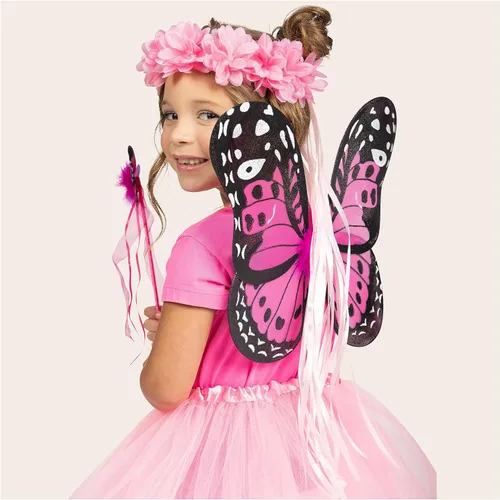 Vista 5 de Spooktacular Creations Juego de disfraz de hadas con tutú, alas, diadema, varita para niñas, accesorio de disfraz de Halloween, Rosado