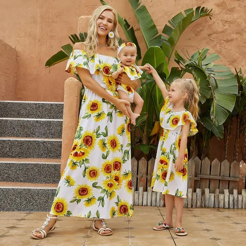 Vista 3 de PopReal - Vestidos con estampado floral a juego para madre e hija, de gasa, con volantes, manga corta, para la playa, con diadema, con tira de tela