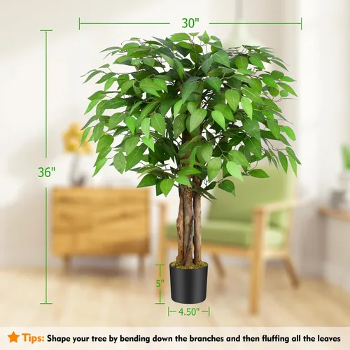 Vista 7 de Árboles artificiales de ficus de 3 pies con troncos naturales curvados, árbol exuberante de 36" de altura, árbol falso de ficus realista en verde