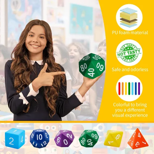 Vista 3 de Arrowbash 6 Piezas Dados Poliédricos Jumbo de Espuma de 3.94 Pulgadas, Juego de 6 Dados Poliédricos de 4, 6, 8, 10, 12 Lados, Regalos