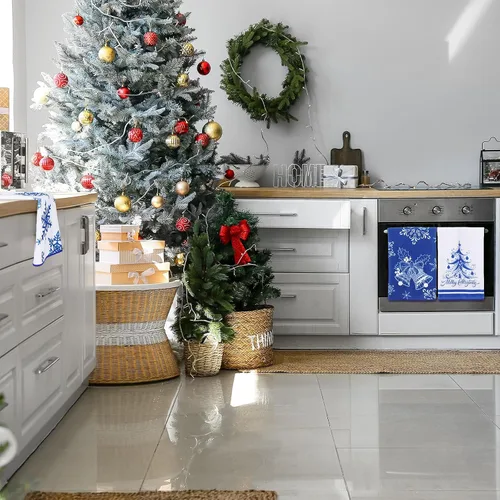 Vista 6 de Tatuo 6 piezas de toallas de cocina de Navidad copo de nieve árbol de Navidad alegre campana toallas de cocina toallas de mano absorbentes de cocina