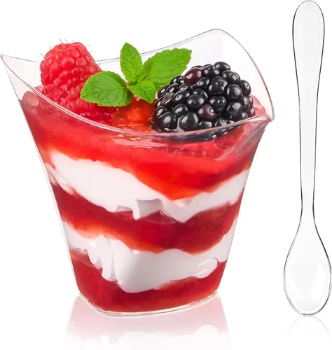 Vista 8 de Paquete de 100 mini tazas de postre con cucharas, vasos de plástico transparente de 2.2 onzas para parfait reutilizables, vasos pequeños para servir