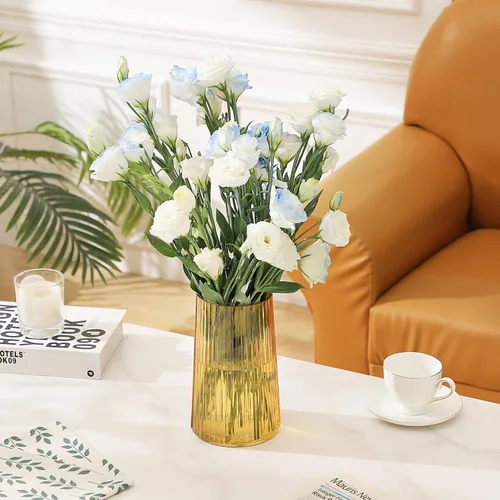 Vista 6 de Jarrón de vidrio ámbar para flores, florero para ramo, jarrones de vidrio modernos, jarrones acanalados para sala de estar, dormitorio, mesa