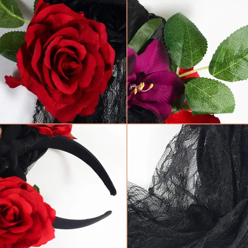 Vista 3 de WIOR Diadema del Día de los Muertos con velo y flores de rosa, diadema mexicana para fiesta de disfraces de Halloween (rojo y negro)
