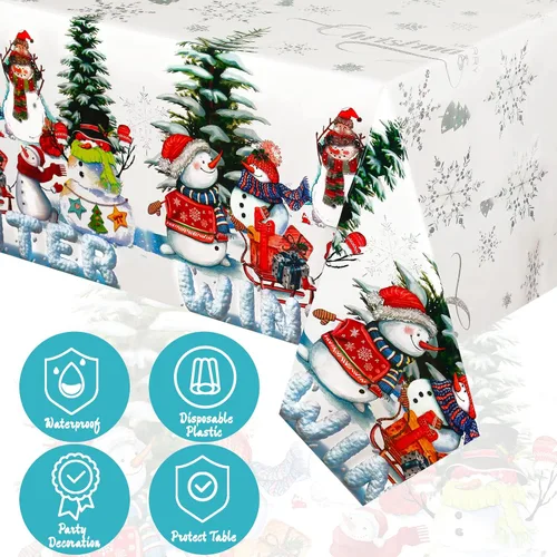 Vista 4 de BBTO 4 manteles rectangulares de Navidad impermeables con diseño de muñeco de nieve de invierno, copos de nieve, mantel impermeable de tela