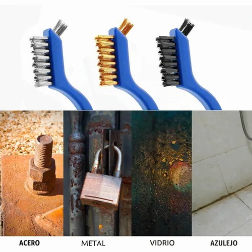 Vista 7 de Juego de 3 cepillos de alambre, cerdas de nailon/latón/acero inoxidable con mango curvado para limpieza con mango curvado para eliminación de óxido