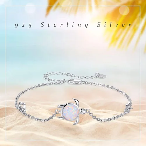 Vista 4 de Cuoka Pulsera de tortuga de plata de ley 925 con ópalo y tortuga marina, pulsera de tortuga de mar, pulsera de naturaleza oceánica, regalo para ella