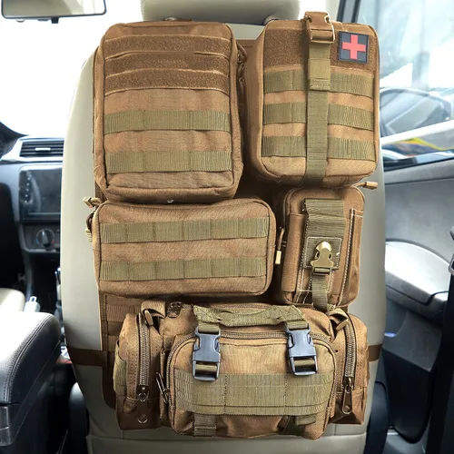 Vista 16 de Organizador táctico universal para respaldo de asiento, panel Molle para vehículo, bolsa de almacenamiento con 5 bolsas Molle desmontables