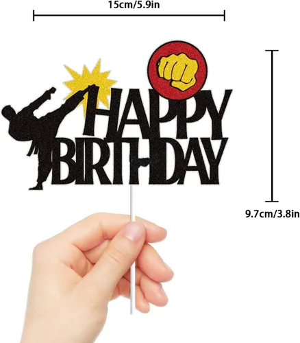 Vista 2 de Decoración para tartas de Karate Happy Birthday con purpurina negra, cinturón negro, suministros de fiesta temática de taekwondo para niños, niñas