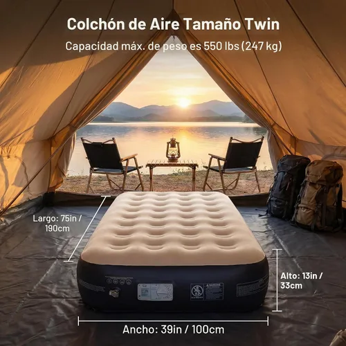 Vista 7 de Colchón de aire individual con bomba incorporada, colchón inflable rápido de 13 pulgadas elevado de 2 minutos, cama de aire plegable con bolsa