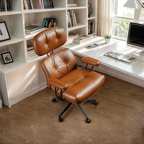 Vista 9 de Silla de oficina Mid Century Modren, silla ejecutiva giratoria con soporte lumbar, silla de escritorio ergonómica de respaldo medio con ruedas Beige