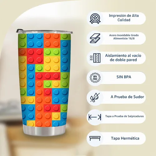 Vista 2 de Tazas de bloques coloridos, divertidos bloques de construcción de 20 onzas, vaso de café de viaje aislado de acero inoxidable, regalos de cumpleaños