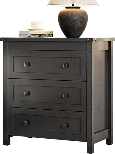 Vista 7 de Cómoda para dormitorio con 3 cajones, cajones pequeños de 27.55" de ancho, cómoda de madera estilo granja, mesita de noche, gabinete de cabecera