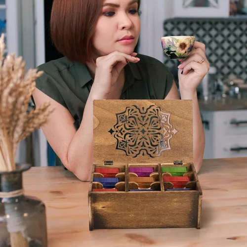 Vista 6 de WRINGKIT Caja organizadora de bolsas de té, madera, 9 compartimentos