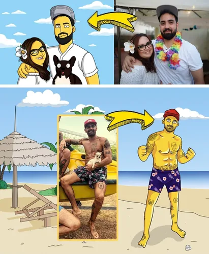 Vista 6 de Retrato personalizado estilo Los Simpsons de dibujo animado a partir de tu foto – Medio cuerpo – Prueba en 24 horas – Póster impreso o lienzo
