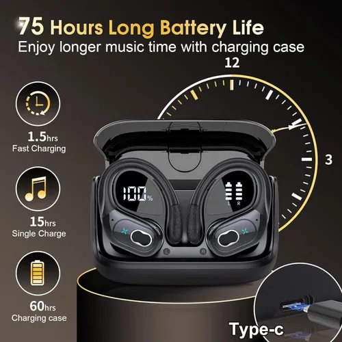 Vista 2 de Auriculares inalámbricos Bluetooth 5.4 de 75 horas para deporte, auriculares Bluetooth 2025 estéreo con graves profundos sobre la oreja con ganchos