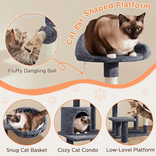 Vista 4 de Yaheetech Torre de árbol para gatos de varios niveles de 57 pulgadas con plataforma extendida, percha acolchada, postes rascadores y bola — centro