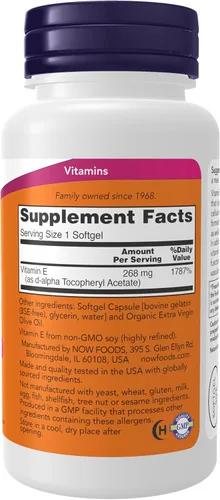 Vista 2 de NOW Suplementos, Vitamina E-400 IU, D-Alfa Tocoferilo, Protección Antioxidante, Cápsulas Blandas, 100 Unidades (Paquete de 1)