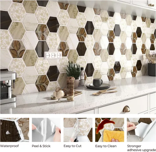 Vista 3 de FunStick 15 hojas de azulejos hexagonales para cocina, baño, azulejos de pared de 12 x 12 pulgadas, de madera bohemia, aptos para inquilinos