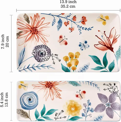 Vista 2 de Bico Blossom Symphony - Juego de 2 platos rectangulares de cerámica de 14 pulgadas, para servir ensalada, pasta, queso, jamón, aperitivo, microondas