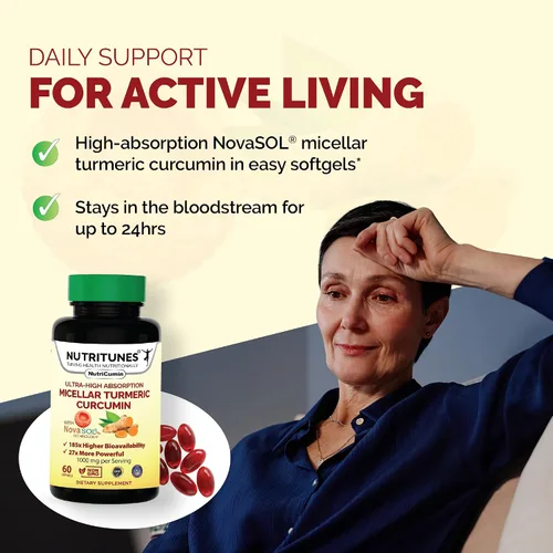 Vista 6 de NutriCumin NovaSOL Curcumina de cúrcuma 1000 mg – 185× Absorción – Apoya la comodidad y movilidad de las articulaciones – Cápsulas blandas sin OMG