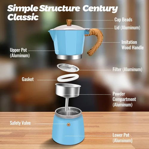 Vista 3 de Cafetera clásica de aluminio para 3 tazas, cafetera espresso de 5.1 fl oz, 5 onzas, cafetera de moca, olla greca, cafetera para café italiano y Azul