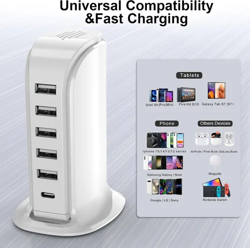 Vista 2 de Estación de carga para múltiples dispositivos Upoy, torre de hub USB multi con 5 USB+1 puertos tipo C, bloque de cargador USB C de carga rápida