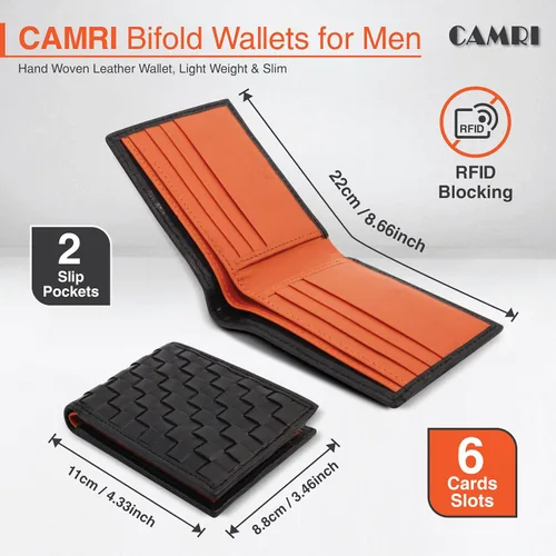 Vista 4 de CAMRI Cartera de cuero tejida a mano para hombre, tarjetero de crédito, carteras de bloqueo RFID para hombres del Reino Unido, peso ligero, delgado