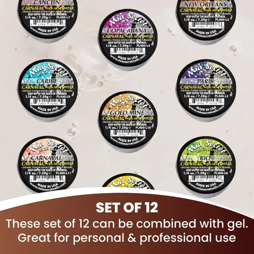 Vista 7 de Polvo acrílico para arte de uñas, colección carnaval: 12 colores diferentes. De Mia Secret