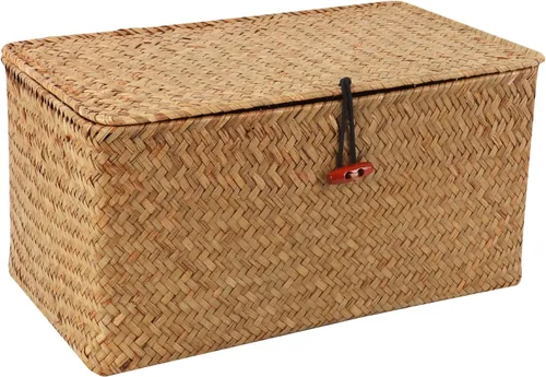 Vista 12 de Moosky Cestas de mimbre con tapa, cesta tejida a mano de pastos marinos para cestas de almacenamiento, cajas de regalo rectangulares para el hogar