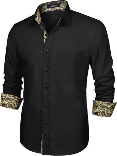 Vista 7 de HISDERN Mens Inner Contrast Casual Shirts Formal Classic Button Down Dress Shirt Long Sleeve Printed Regular Fit Shirt