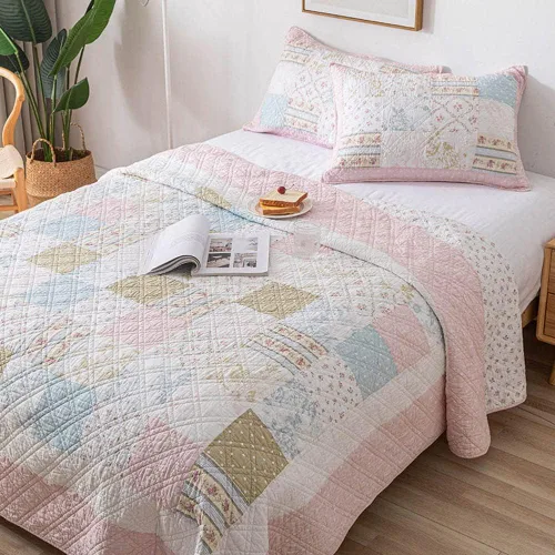 Vista 5 de vctops Juego de edredón de retazos tamaño matrimonial/queen, colcha acolchada de algodón con estampado floral, ligero y reversible, para todas