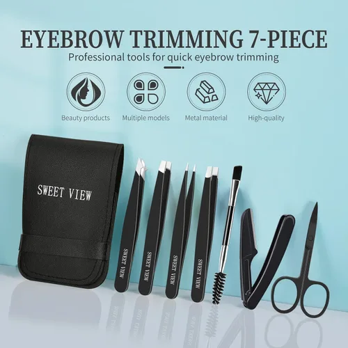 Vista 6 de SWEET VIEW Juego de 7 pinzas para cejas para mujeres, pinzas de precisión con tijeras para cejas y navaja y bobina para depilación facial, barbilla