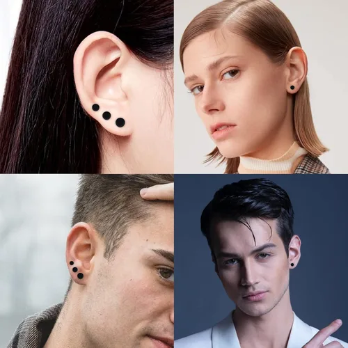 Vista 2 de Aretes de titanio de punto plano y bola hipoalergénicos para mujeres, hombres y niñas, oro rosadoradoplatanegro, aretes de disco redondo de 0.118in