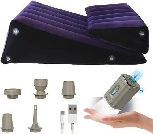 Vista 3 de Almohada de cuña triangular doble púrpura para adultos, mejora la intimidad con posiciones más profundas. Material de PVC que incluye funda