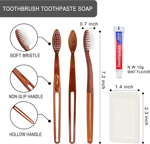 Vista 3 de Paquete de 100 kits de aseo básicos, cepillos de dientes desechables con pasta de dientes, jabón Individually Wrapped, Travel Personal Hygiene Kit