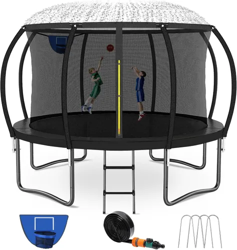 Vista 9 de Kiivakii Trampolín de 12, 14, 16 pies, trampolines grandes para exteriores para niños y adultos, trampolines recreativos con aro de baloncesto