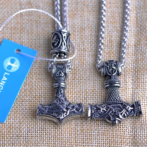 Vista 6 de Collar de martillo de Thor vikingo nórdico Mjolnir para hombre, joyería de talismán