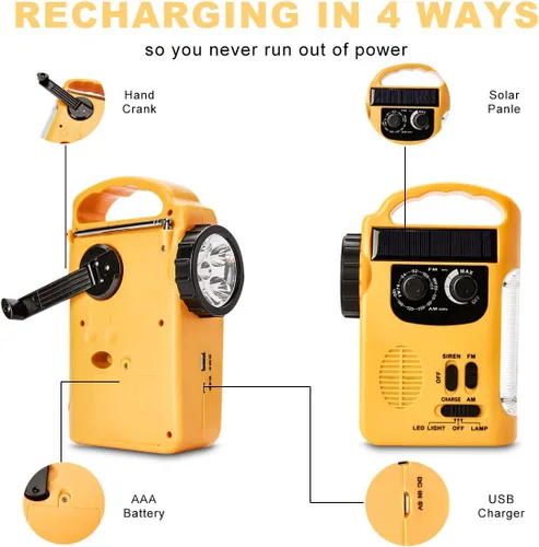 Vista 2 de HOSHINE Solar multifuncional 4-way Powered LED Camping linterna y linterna con radio AM/FM cargador de teléfono celular, color amarillo