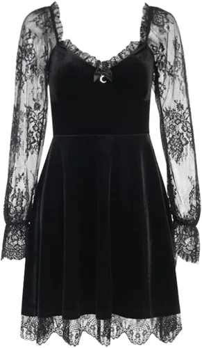 Vista 7 de LANSHULAN Vestido de manga larga de encaje negro drapeado bodycon gótico vintage vestidos ropa