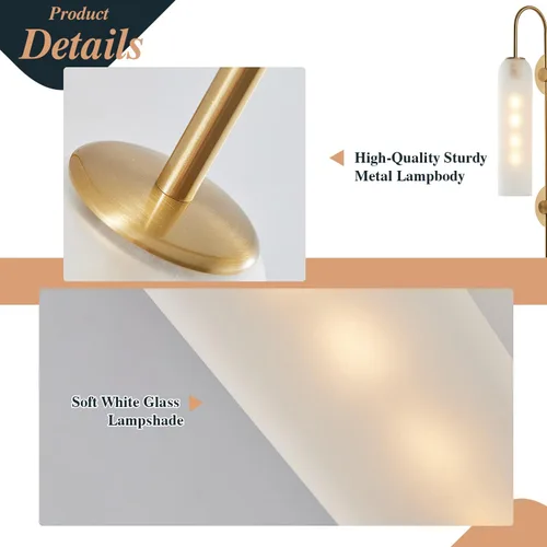 Vista 3 de BOKT Apliques de pared modernos de mediados de siglo con enchufe para interiores, largos, oro cepillado, vidrio blanco leche, apliques