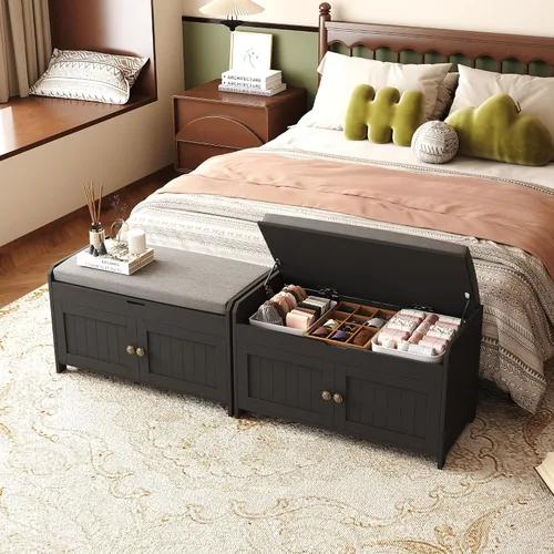 Vista 2 de HOMEFORT Banco para Zapatos de 30" con Almacenamiento de Tapa Elevable, Banco de Entrada con Asiento Acolchado, Banco de Madera para Pie de Cama