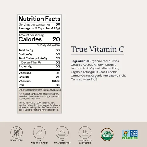 Vista 4 de Infinity-C Cápsulas orgánicas de vitamina C, VIT C biodisponibles de Acerola, Camu Camu y Amla, alimentos integrales de vitamina C de 1000 mg