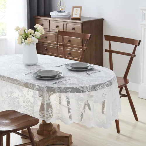 Vista 14 de LinenZone Hermoso mantel redondo de encaje con elegante borde festoneado para cualquier evento especial como bodas, fiestas de cumpleaños, baby