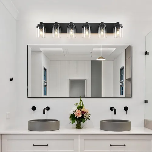 Vista 2 de Luces de tocador, lámparas de baño de 38 pulgadas sobre espejo, 6 luces de tocador de baño con pantalla de vidrio transparente, lámparas de pared