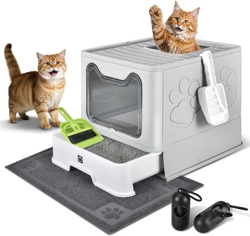Vista 8 de Caja de arena cubierta para gatos con alfombrilla de arena, plegable, extra grande, puerta ajustable de doble entrada, diseño de cajón, caja de Azul